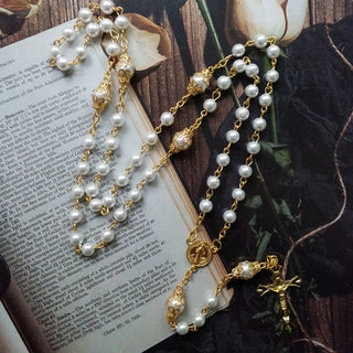 Vintage Pearl Beads Rosary Necklace Crucifix for Cross Pendant Necklaces Jewelry Charm Prayer Gifts
