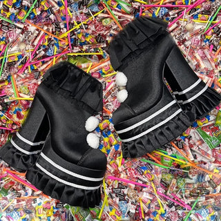 White Satin Cake Platfom Clown Ruffle Tassel Skirt Heels Fuchsia Silk Pom Round Chunky Pump Girl IT Shoes