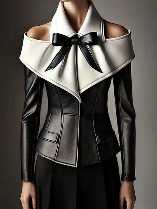 New Women's Shirt Black Off Shoulder Bow Decoration Black and White Leather Shirt Slim Square Neck Long Sleeve