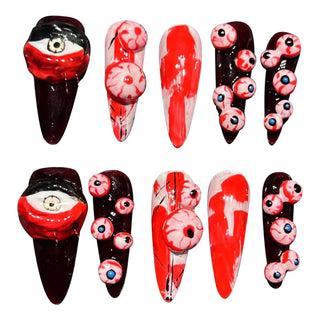 Handmade Press on Nails Punk Dark Style Halloween False Nails Black and Red Scary Eyeball Design Long Almond False Nails
