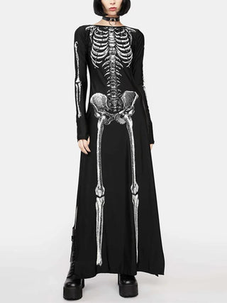Goth skeleton Halloween Dark Gothic Dress Women Streetwear Skull Printed Long Sleeve O-neck Split Midi Dress Cosplay Clubwear