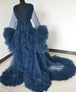Custom luxury Dressing Gown Perspective Sheer Open Front Ruffle Tulle Long Puffy Robe old Hollywood Nightgown Dress