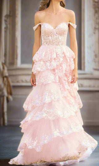 Custom Elegant Off Shoulder Multilayer Dress Customized Side High Split Lace Princess Shiny