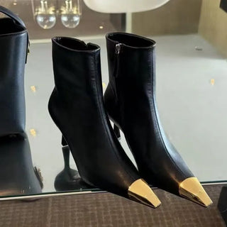Gold Tip Metal Square toe Leather Ankle Boots Elegant heels Chelsea Short Boots Shoes