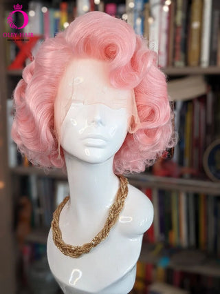 Platinum Blonde Monroe Cosplay Wig Synthetic 13x4 Lace Front Wig Heat Resistant Wavy Pink Short Drag Queen Wigs For  Women