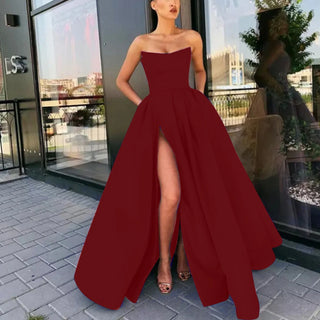 Sexy Elegant Nipped Waist Split Prom Dress Elegant Women Evening Party Formal Long Strapless Dress Wedding Banquet Vestidos