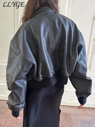 Street Short Leather Jacket Women Vintage Loose Lapel Long Sleeve Zipper Coat Spring Lady Locomotive High Street Outwear
