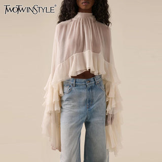 Whimsical Loose Sheer Blouse High Neck Long Sleeves Patchwork Ruffles Folds Elegant