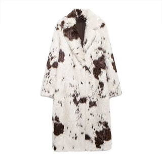 Cow print faux fur long coat