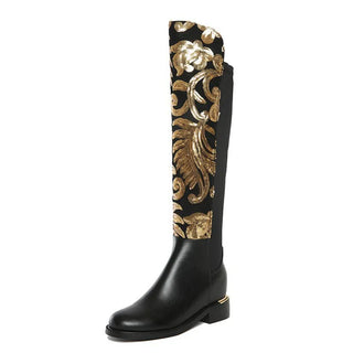 Leather Equestrian sequin zipper plush inner heightening long boots square high-heeled daily dress large-size women boots