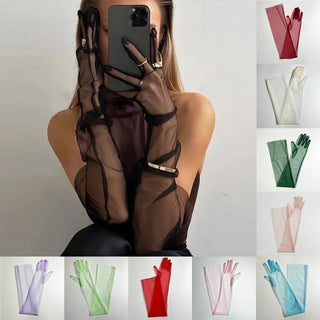 Sheer Ultra Tulle Gloves Mesh Full Finger Elbow Long Gloves Vintage Sunscreen Gloves Wedding Bride Dress Mittens