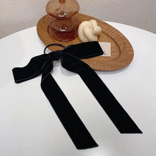 Fashion Vintage Black Velvet Bow Hair Ribbon Scrunchie for Women Girls Long Elastic Hair Tie Headwear Female Hair Accessories