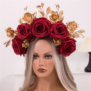 Handmade Dark Red Rose Halloween Day Of The Dead Festival Flower Crown Floral Headpiece