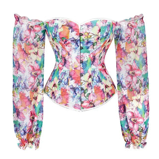 Corset Bustier Top Women Plus Size Flowers Up Trim With Sleeves One Shoulder Satin Corsets Overbust Costumes Victorian