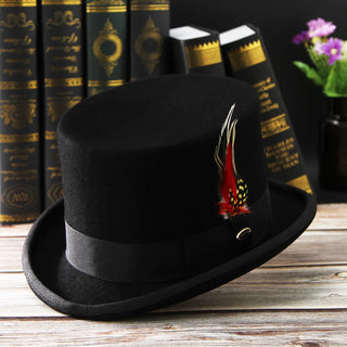 Pink 100% Wool Hat Top Mad Hatter Black White Magic Hat Feather Accessories