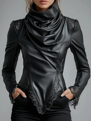 PU Leather High Neck Leather Lace Trim Long Sleeve Blouse Cinched Irregular Hem Solid T Shirt Spring Streetwear