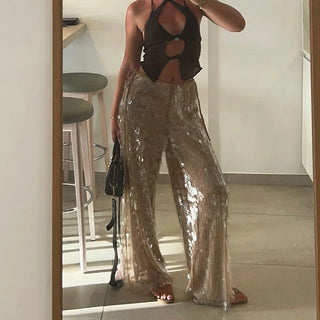 Mermaid Glitter Sequin Embroidery Loose Fit Long Pants