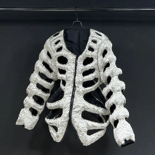 Padded Skeleton Jackets Round Collar Hollow Out Design Solid Color Loose Cotton Coat