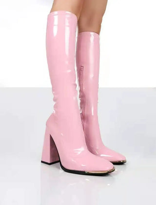 Square Pastel Heel Knee-High Classic Square Toe Boots PU Leather Party Dress Dance Shoes Botas De Mujer