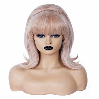 HAIRJOY Synthetic Hair Pink updo Wig 70s Pinup Pelucas 60s Beehive  Vintage Look Halloween Costume Women Curly Wig wtih Bang