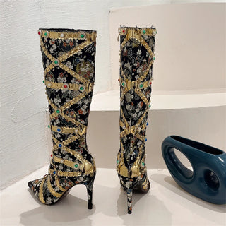 Medieval Style Runway Gemstone Crystal Stilettos Heels Women Knee-High Boots Zip Sexy Pointed Toe Stripper Botas De Mujer