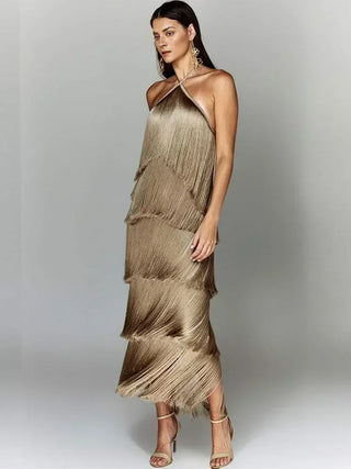 Elegant Backless Sleeveless Layered Slim Dresses Fring Metallic Color Tassel Halter Lace Up Dress