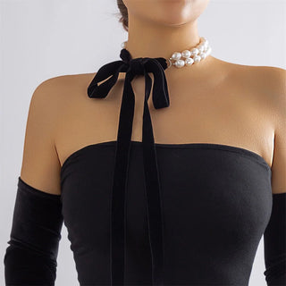 Fashion Simple Imitation Pearl Chain Colorful Lace Ribbon Bow Tassels Necklace For Women Female Vintage Sexy Choker Jewelry Gift