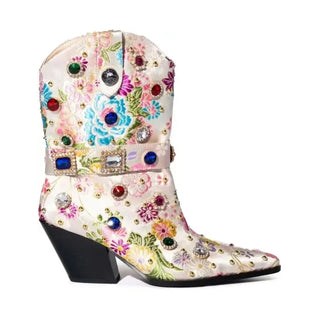 Brand Woven Brocade Embroidery Rhinestone Rivet Short Boots  New Fashion Show Pointed Slope Heel Chelsea Women's Boots Size 43
