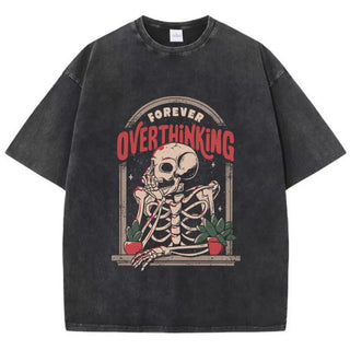 Skeleton Washed T-Shirts Cotton Halloween Printing Tops Oversize O-Neck Soft Short Sleeve Clothes