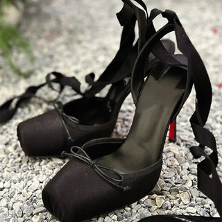 Ballet Satin Strap Square Toe High Heel Party Dress Fashion