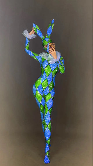 Halloween Designer Jumpsuit Bunny harlequin circus sideshow Cosplay Costume Collar Costume