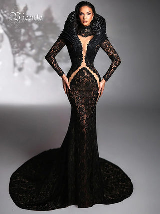 custom Lace Accent Maxi Dress High Neckline Cut-out Tulle Fabric Long Sleeves Floor Length Cocktail Party Evening Gowns
