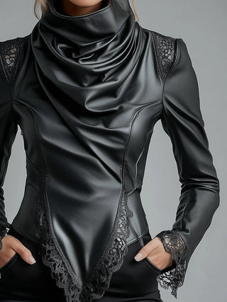 PU Leather High Neck Leather Lace Trim Long Sleeve Blouse Cinched Irregular Hem Solid T Shirt Spring Streetwear