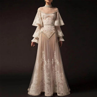 Custom medieval High Neck Formal halloween Dress Long Sleeves With Ruffles Lace Appliques Wedding Party Evening Gowns Custom Made Vestidos De Gala