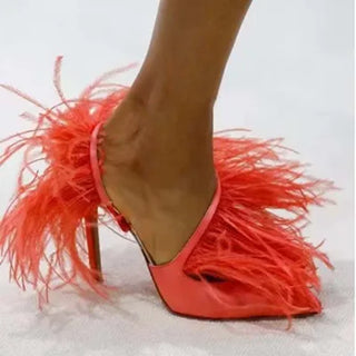 Vintage High Heeled Shoes For Woman's Feather Fur Thin Heels Pointed Toe Elastic Cord