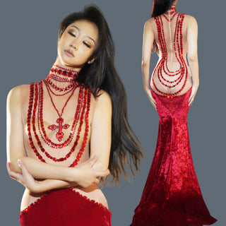 Sparkly Sheer Elegant Illusion Rhinestone Red Velvet Ball Dress For Women Fishtail Gown Elegant Dress Party Evening Dress