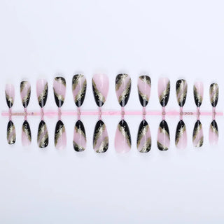 24Pcs Pink Almond False Nails Shiny Golden Ripples Stiletto Fake Nails Detachable Oval Full Cover Press on Nails Tips Manicure