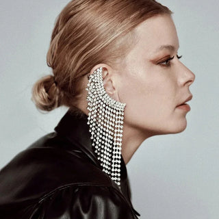 Stonefnas Long Tassel Ear Clip Earrings No Piercing for Women Rhinestone Ear Cuff Unusual 2024 Trend New Women's Jewelry Luxury