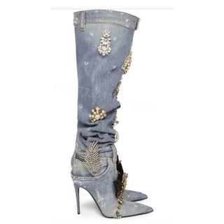 Demin Crystal Decor Boots Pleated over the Knee Shoes for Women Fashionable Thin High Heels Sexy Shoes 2024 Zapatos Para Mujere