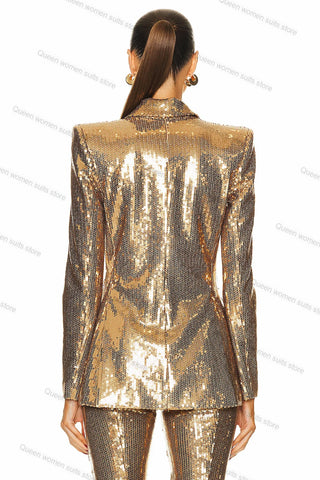 Golden Sequins Women Suit Pants Set 2 Piece Blazer+Trouser Luxury Wedding Tuxedo Formal Office Lady Jacket Customized Size
