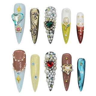 Handmade Press on Nails European Heavy Metal Pearl Crystal Decor halloween Nails for Women Wearable Gothic Long Pointed False Nails