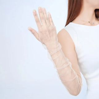 Sheer Ultra Tulle Gloves Mesh Full Finger Elbow Long Gloves Vintage Sunscreen Gloves Wedding Bride Dress Mittens