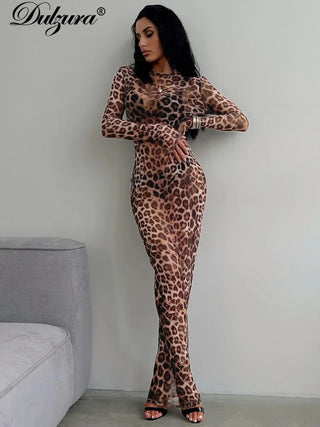 Elegant Maxi Dress Printed Leopard Long Sleeve Dresses Women Clothes Circus Party Club Streetwear Holiday