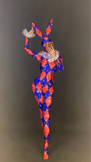 Halloween Designer Jumpsuit Bunny harlequin circus sideshow Cosplay Costume Collar Costume
