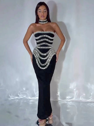 Black Strapless Long Dress Diamonds Embellished Bodycon Bandage Prom Celebrity Party Evening Gowns