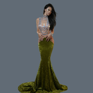 Sparkly Sheer Elegant Illusion Rhinestone Red Velvet Ball Dress For Women Fishtail Gown Elegant Dress Party Evening Dress