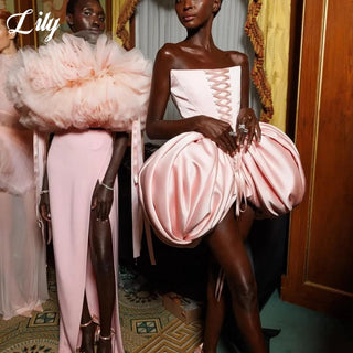 Lily Pink Elegant Formal Gown Strapless Backless Front Strap Prom Dress Pleating Mini Skirt Evening Dresses for Woman Customized