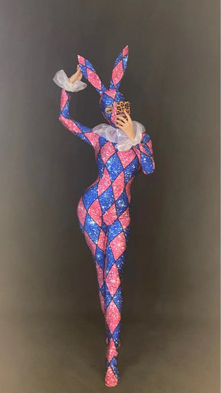 Halloween Designer Jumpsuit Bunny harlequin circus sideshow Cosplay Costume Collar Costume