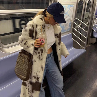 Cow print faux fur long coat