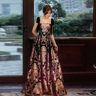 Custom Jacquard Fabric Evening Dresses Spaghetti Strap A-line Evening Gown Vintage Elegant Party Dress  Size Customized